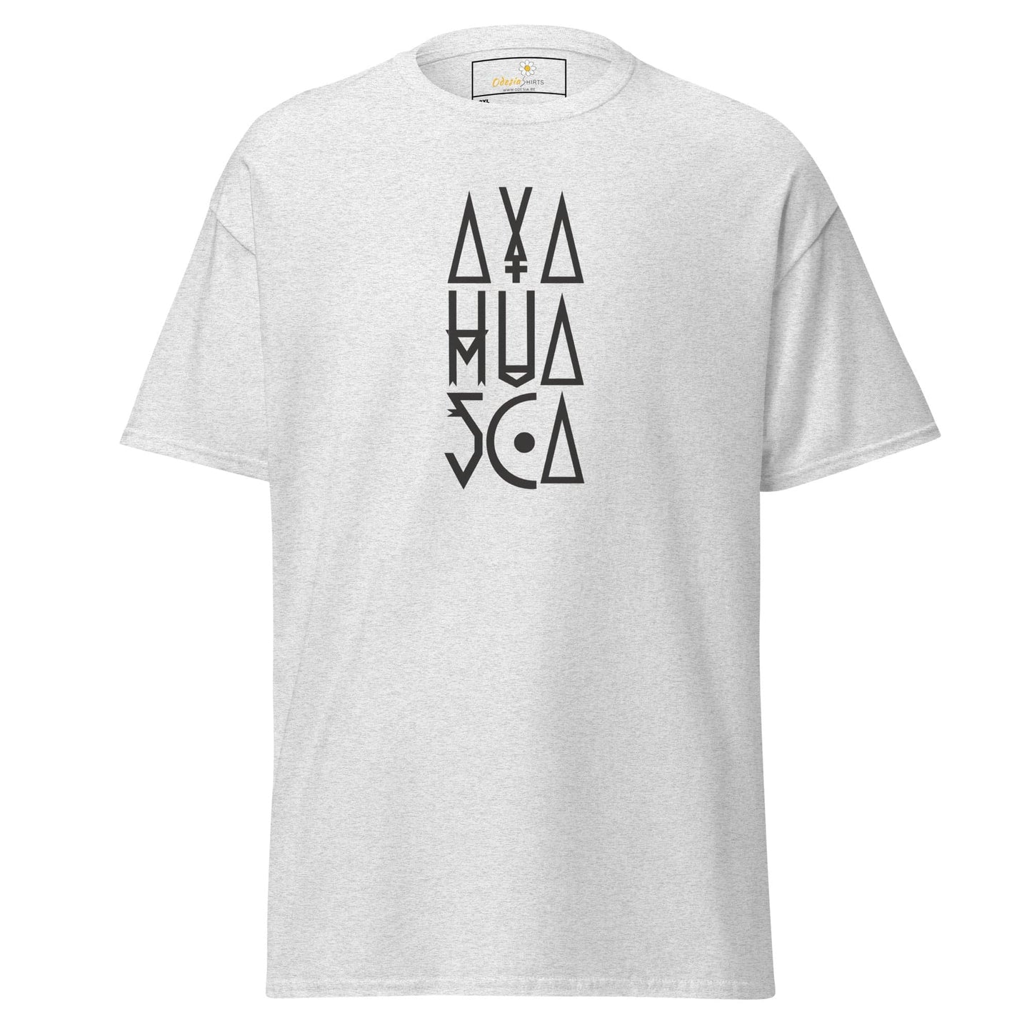 White t-shirt with geometric design.