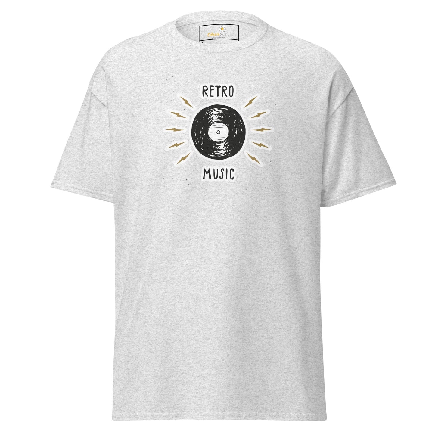White T-shirt with retro music design for men and women, available in sizes S to XL