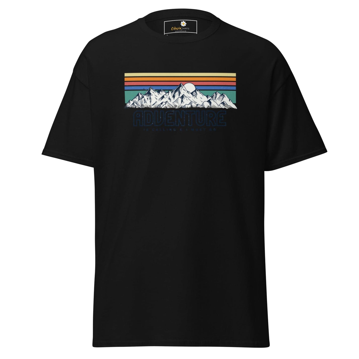 Black T-shirt featuring mountain graphic for men and women, available in sizes S to XL