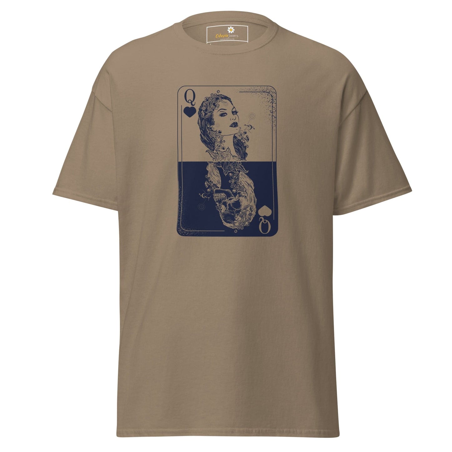 Beige T-shirt with Queen of Spades card graphic, suitable for men and women sizes S to XL
