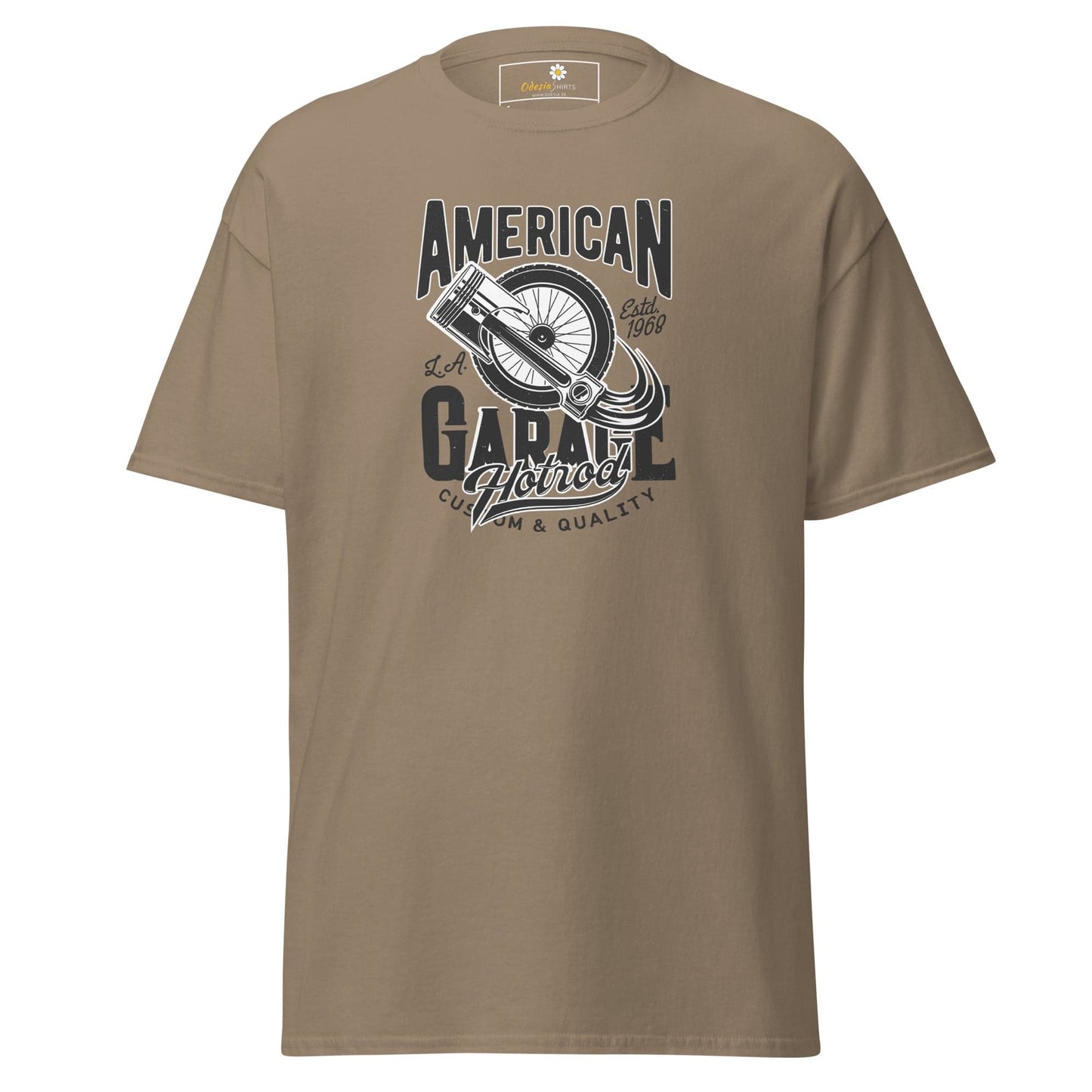 Khaki T-shirt featuring a Garage graphic, suitable for men and women, sizes S to XL