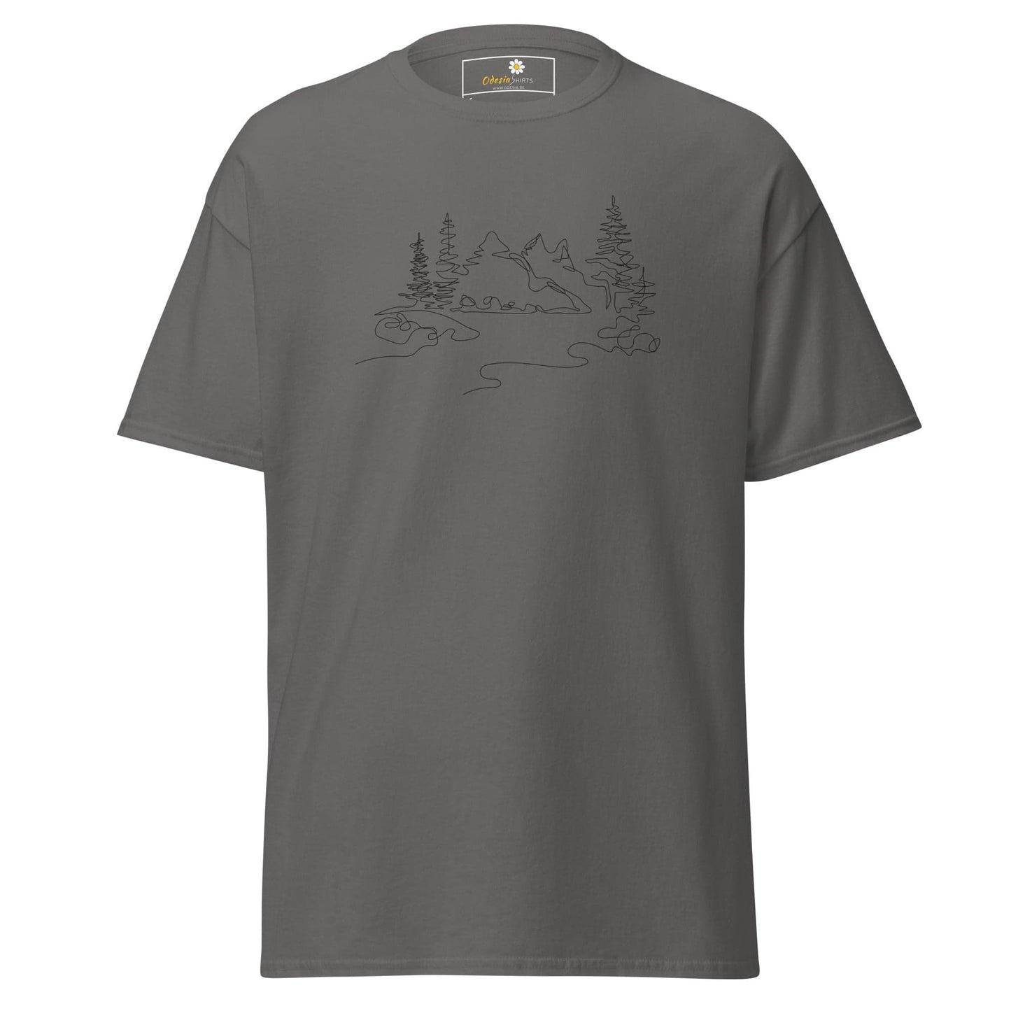 Gray T-shirt with mountain and tree line art for men and women in sizes S to XL