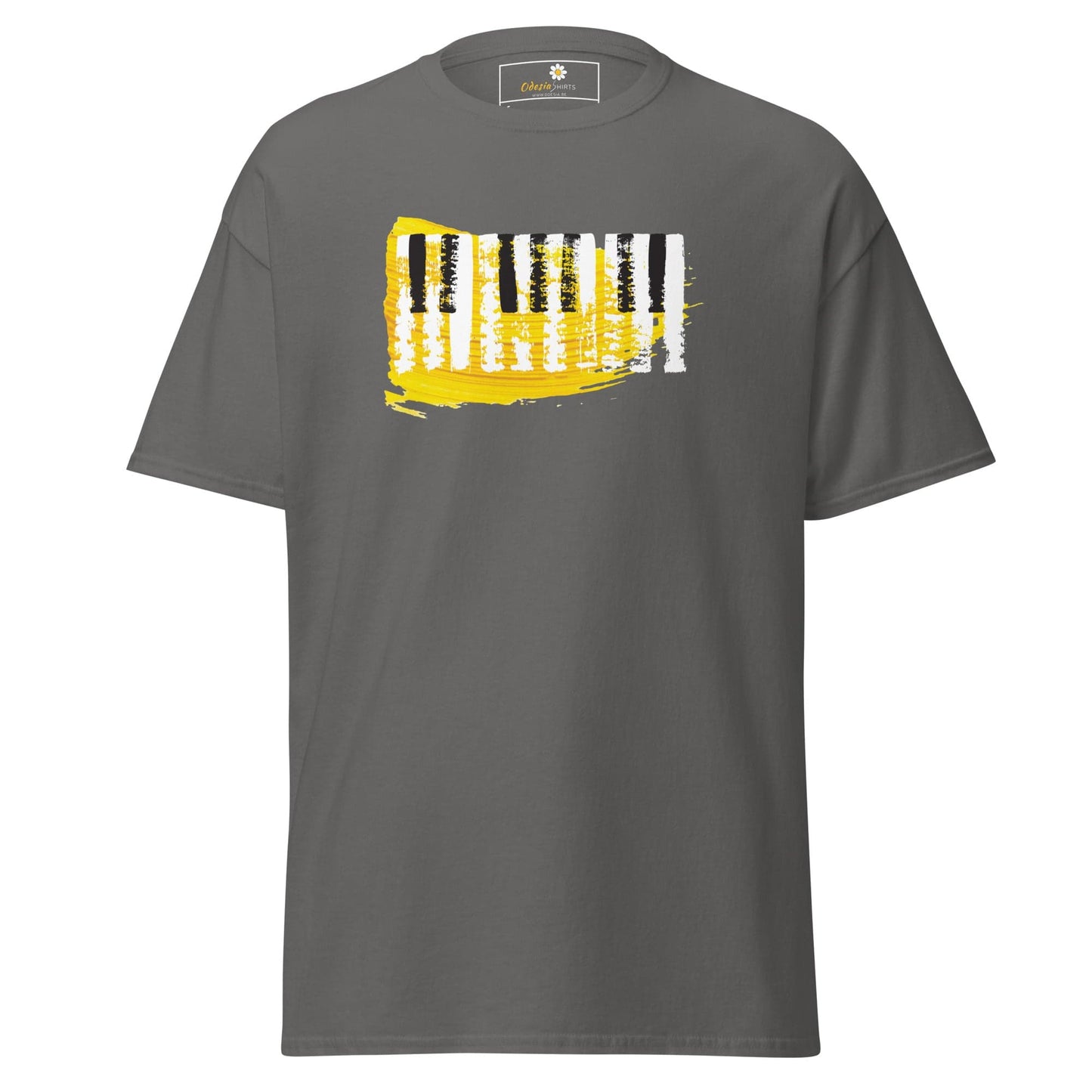 Gray T-shirt featuring piano key design for men and women in S to XL sizes