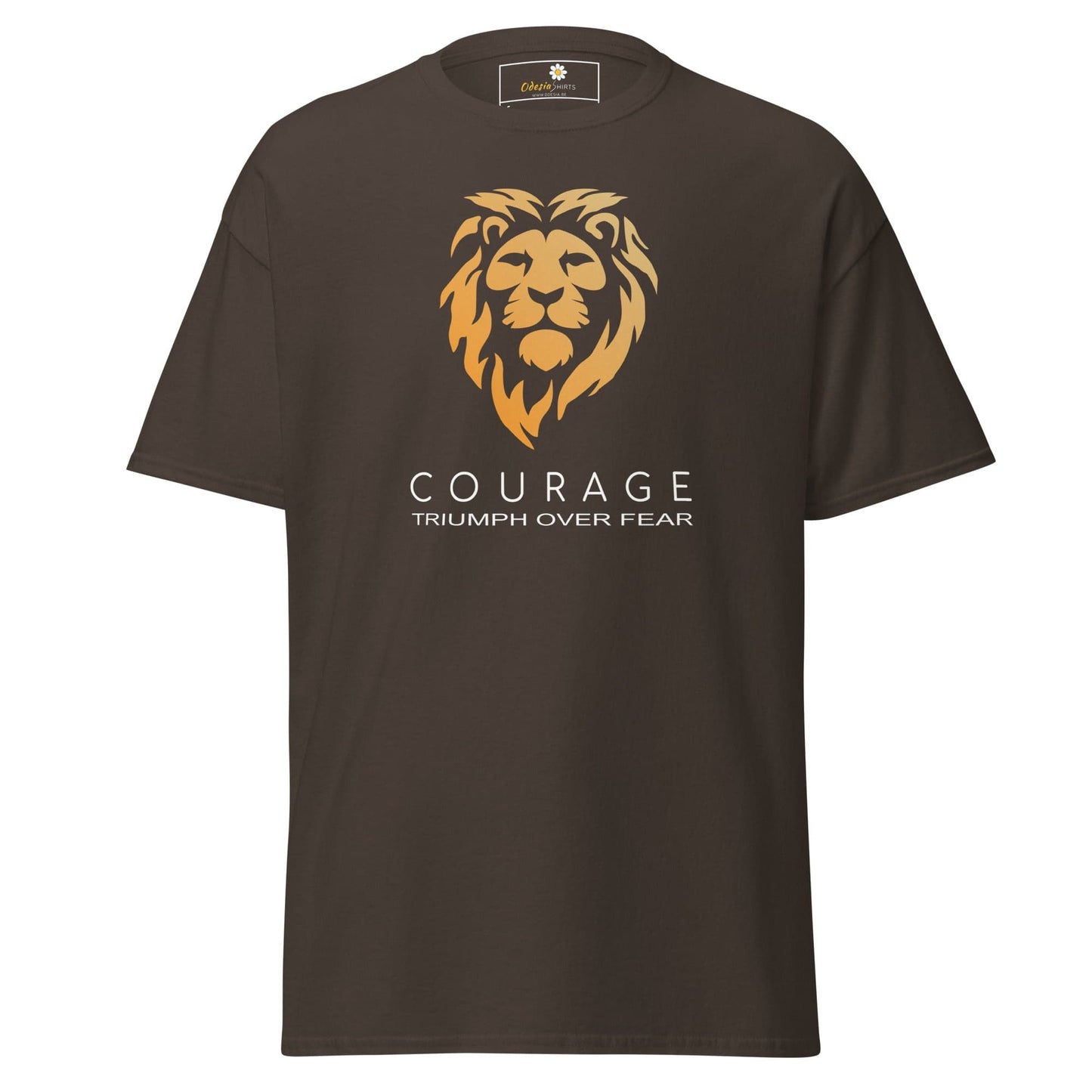 Brown t-shirt with lion graphic from T-SHIRT DESIGN TEE for men and women sizes S to XL