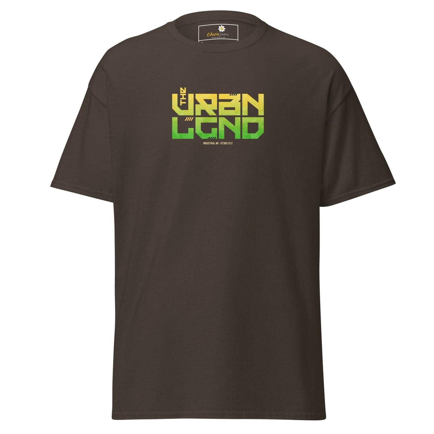 Brown T-shirt with green and yellow text from T-SHIRT DESIGN TEE for men and women