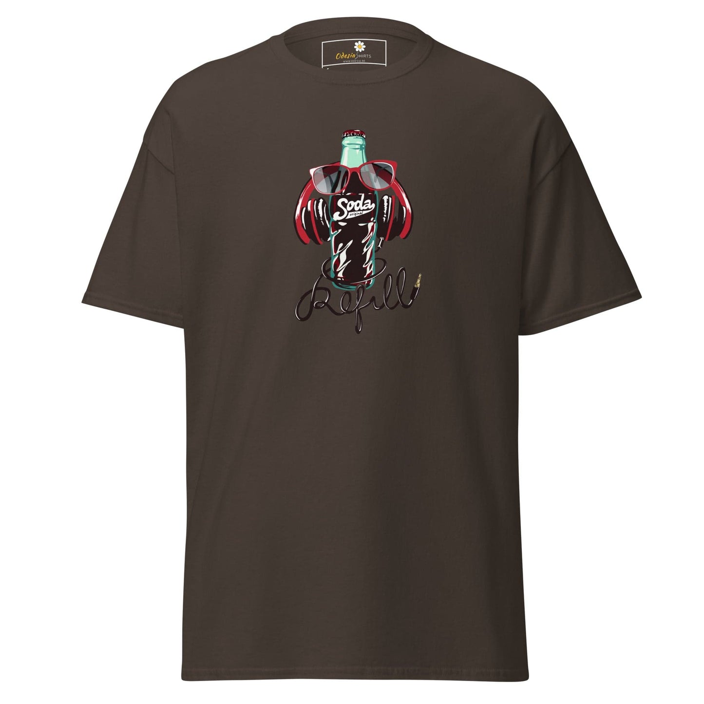 Brown T-shirt with soda bottle graphic for men and women in size S to XL