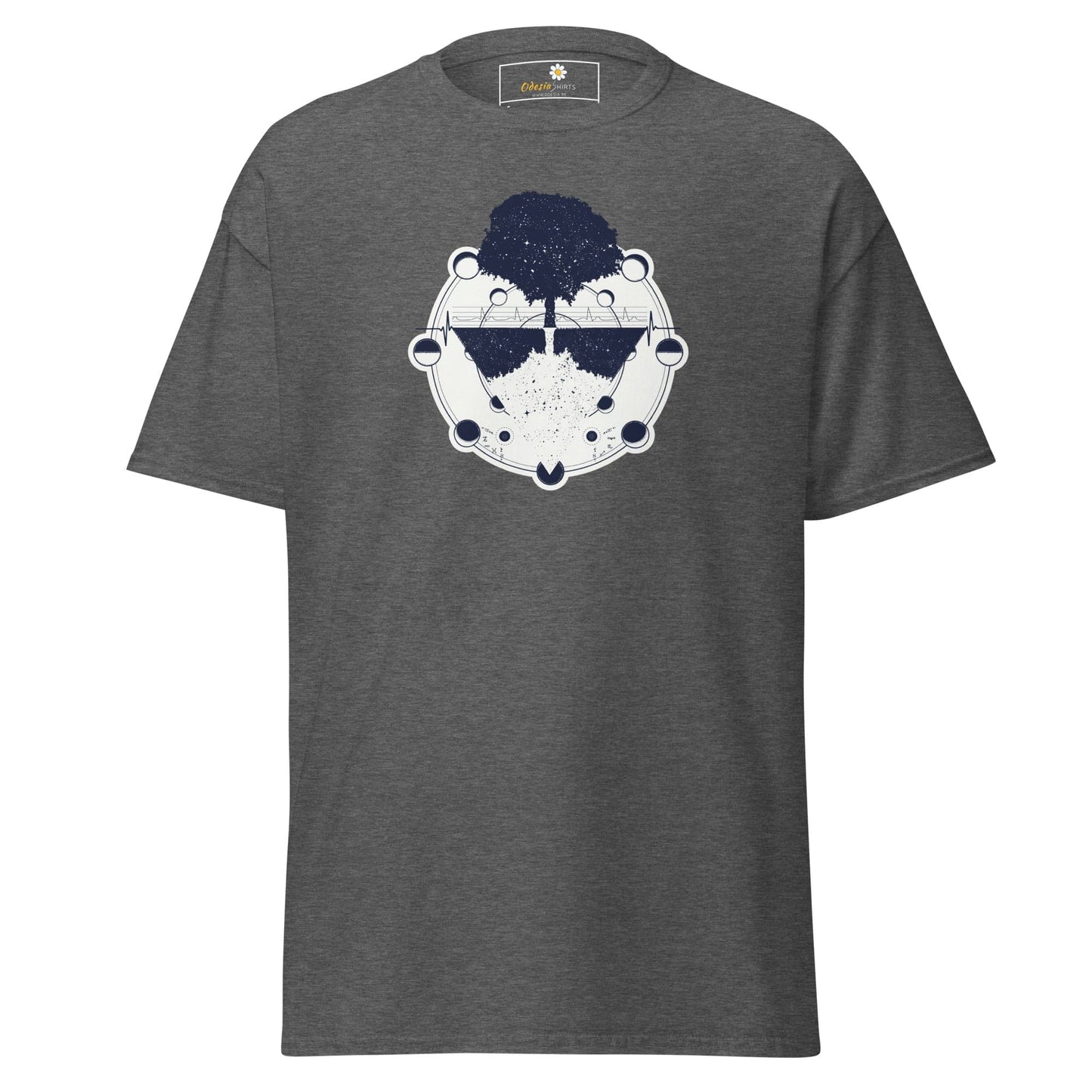 Gray T-shirt with tree and moon phases design, ideal for men and women