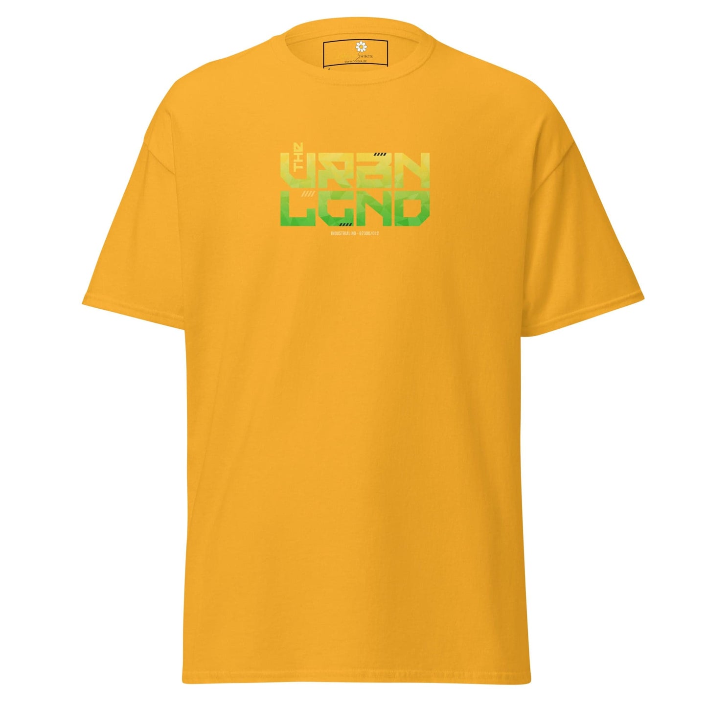 Mustard yellow T-shirt with green lettering from T-SHIRT DESIGN TEE for Men and Women