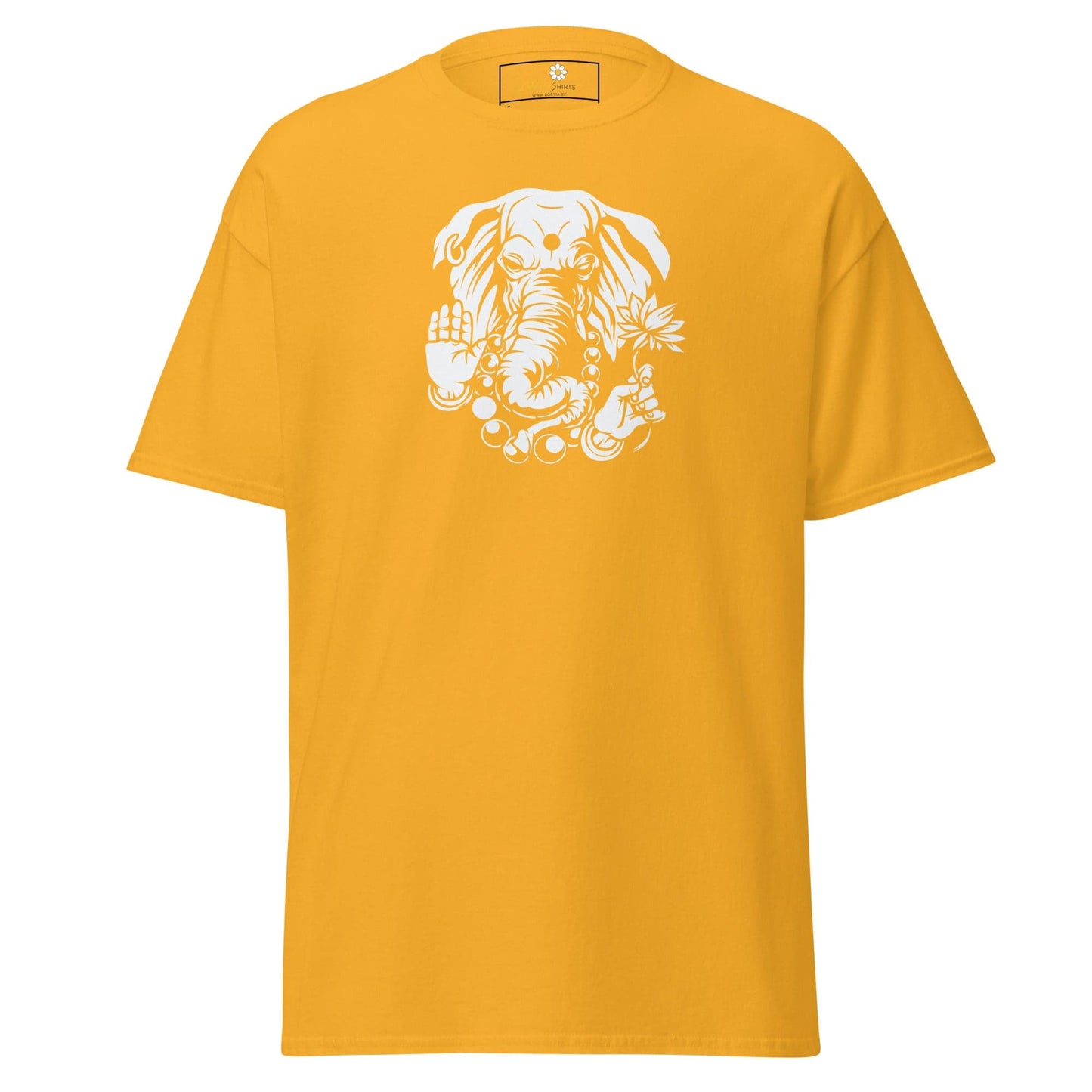 Yellow T-shirt with white elephant graphic from T-SHIRT DESIGN TEE for men and women