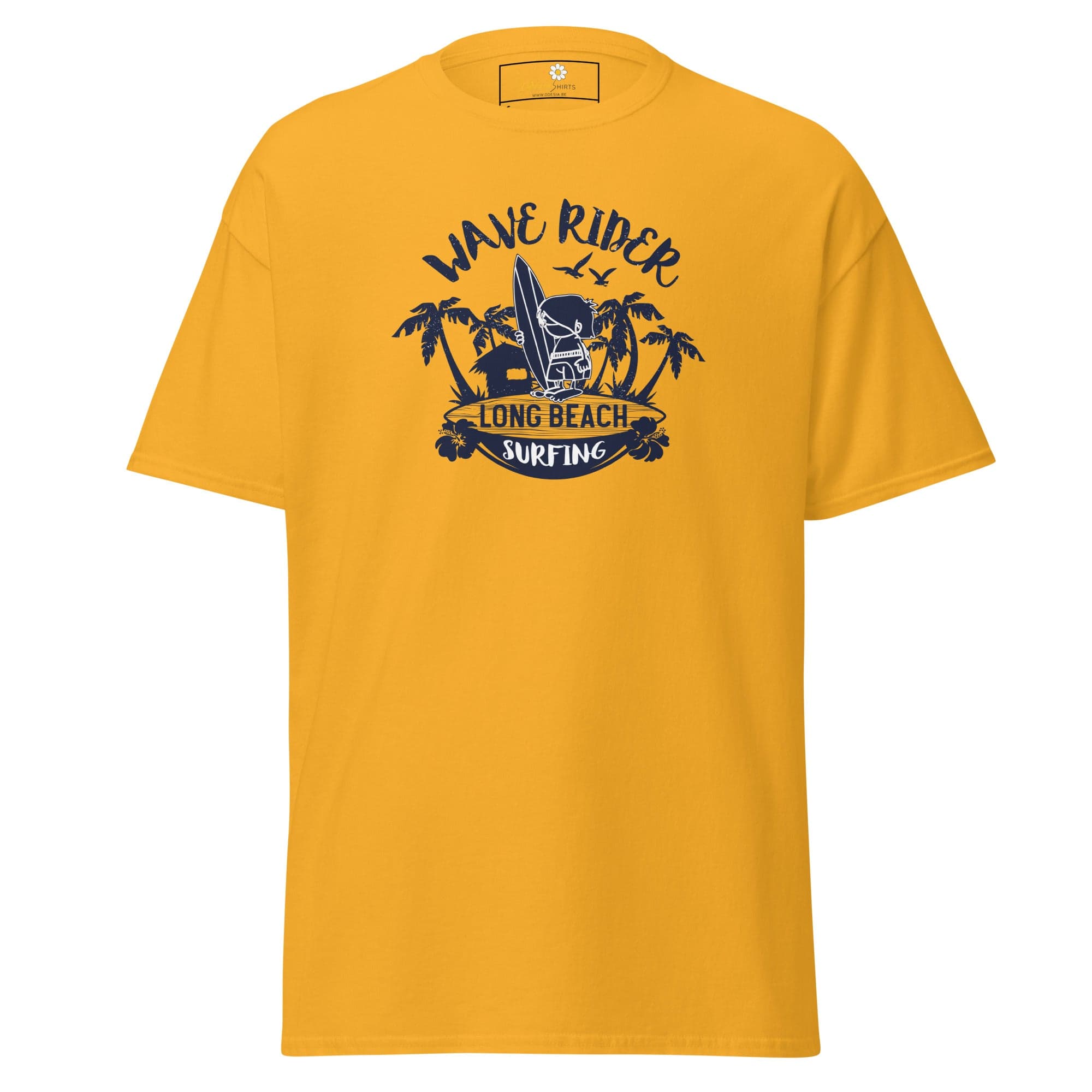 Yellow T-shirt with surfing graphic for men and women in sizes S to XL