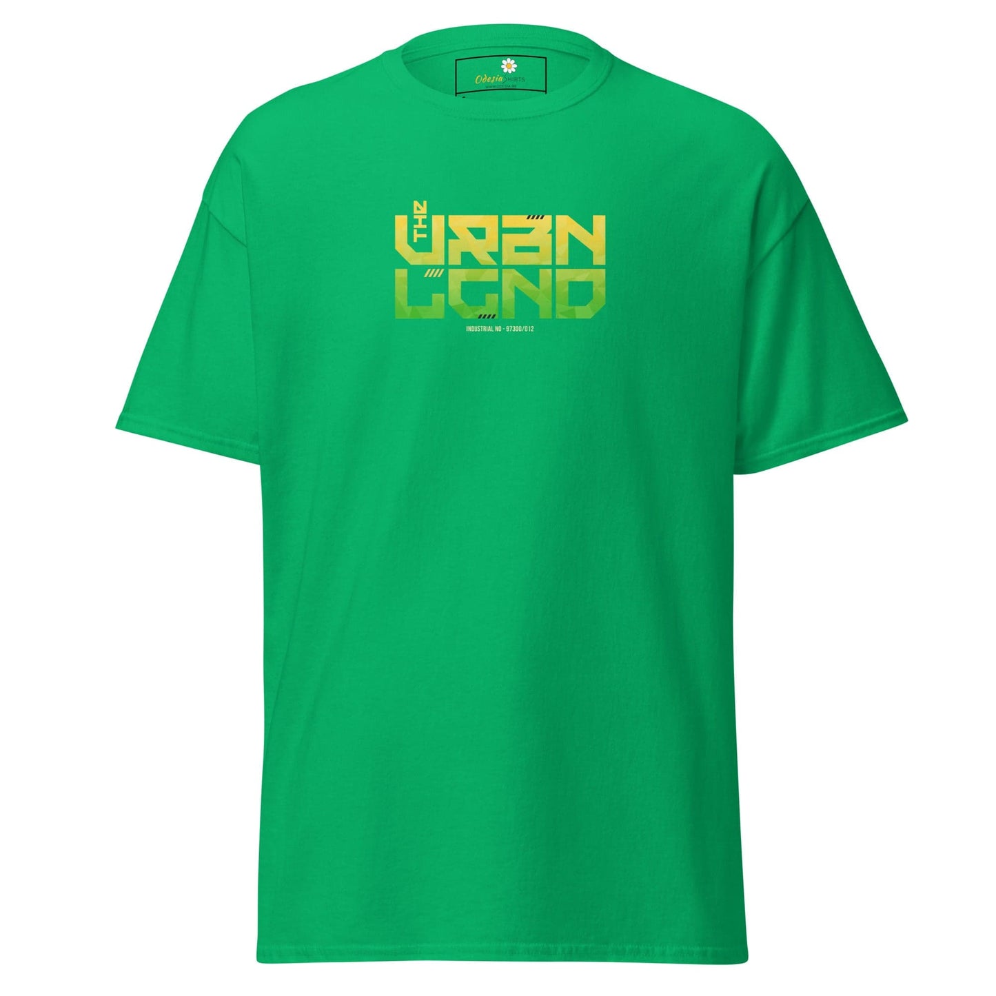 Green T-shirt with graphic design, suitable for men and women, available in sizes S to XL