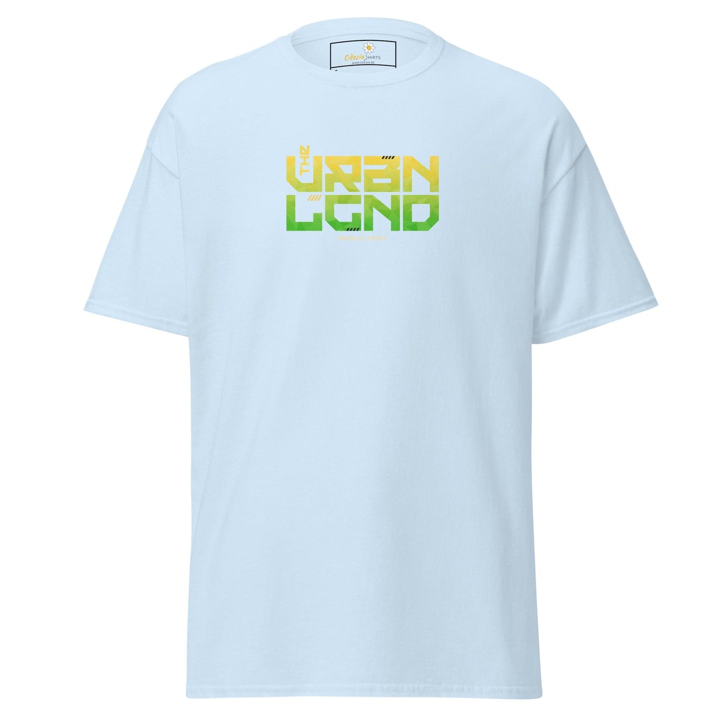 Light blue T-shirt featuring URBAN LGND text for men and women, available in sizes S to XL
