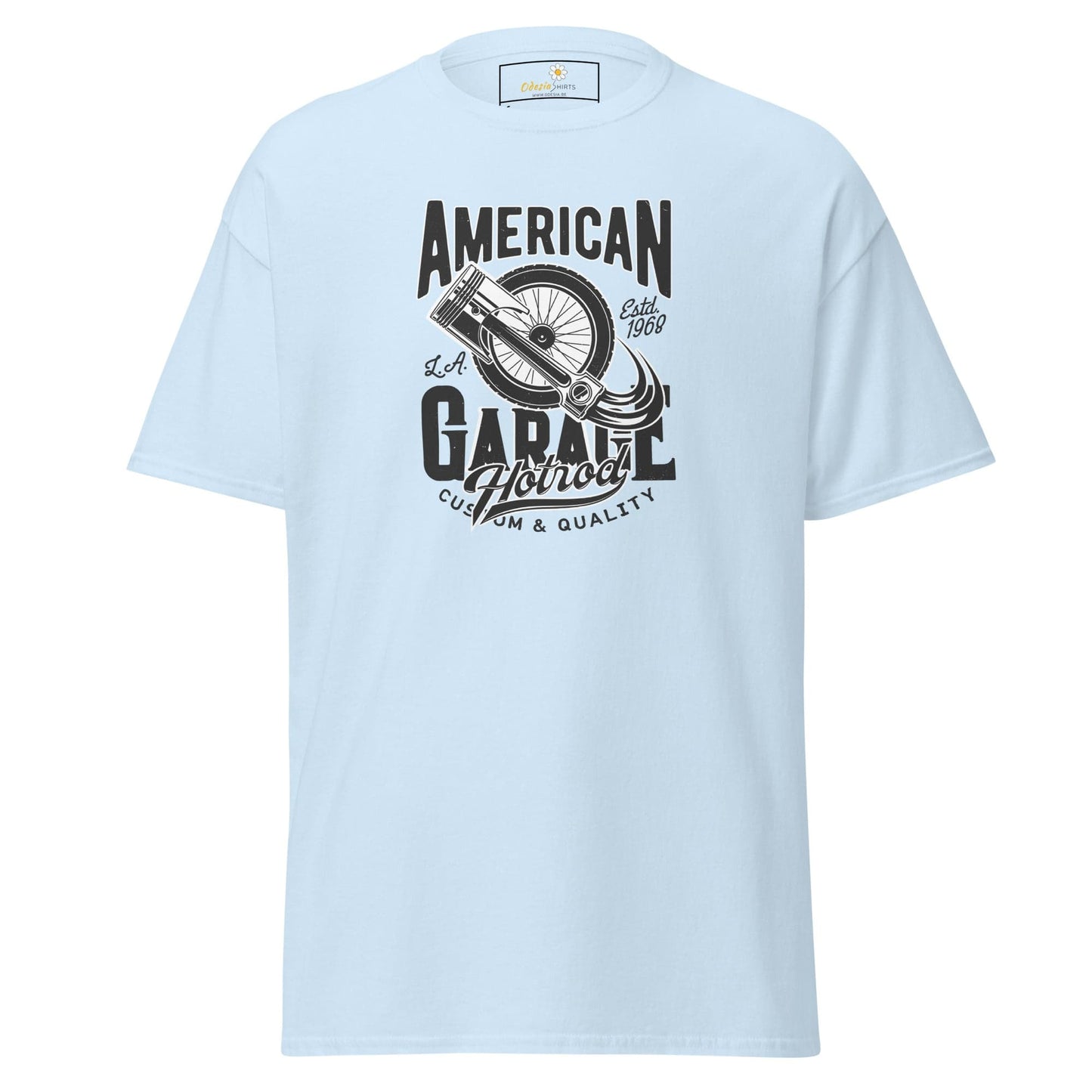 Light blue T-shirt with graphic design for men and women in sizes S to XL