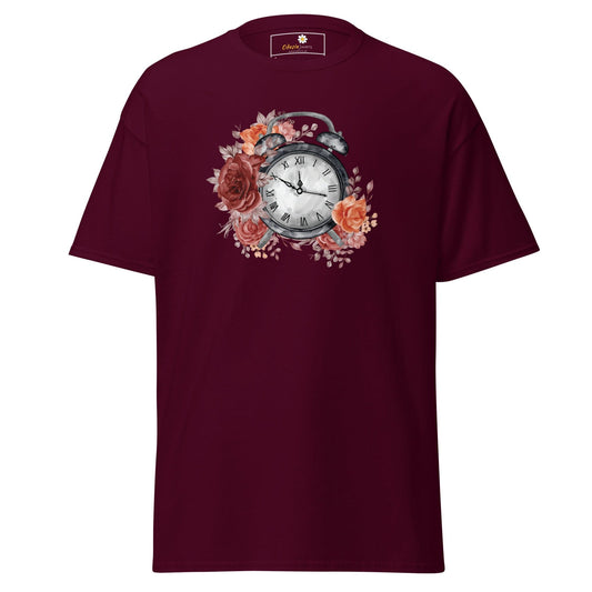 Unisex classic t-shirt - FANTASY CLOCK TIME FLOWERS - REGULAR - Maroon / S