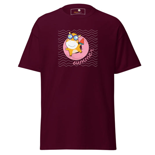 Maroon T-shirt with cartoon graphic for Men and Women in sizes S to XL