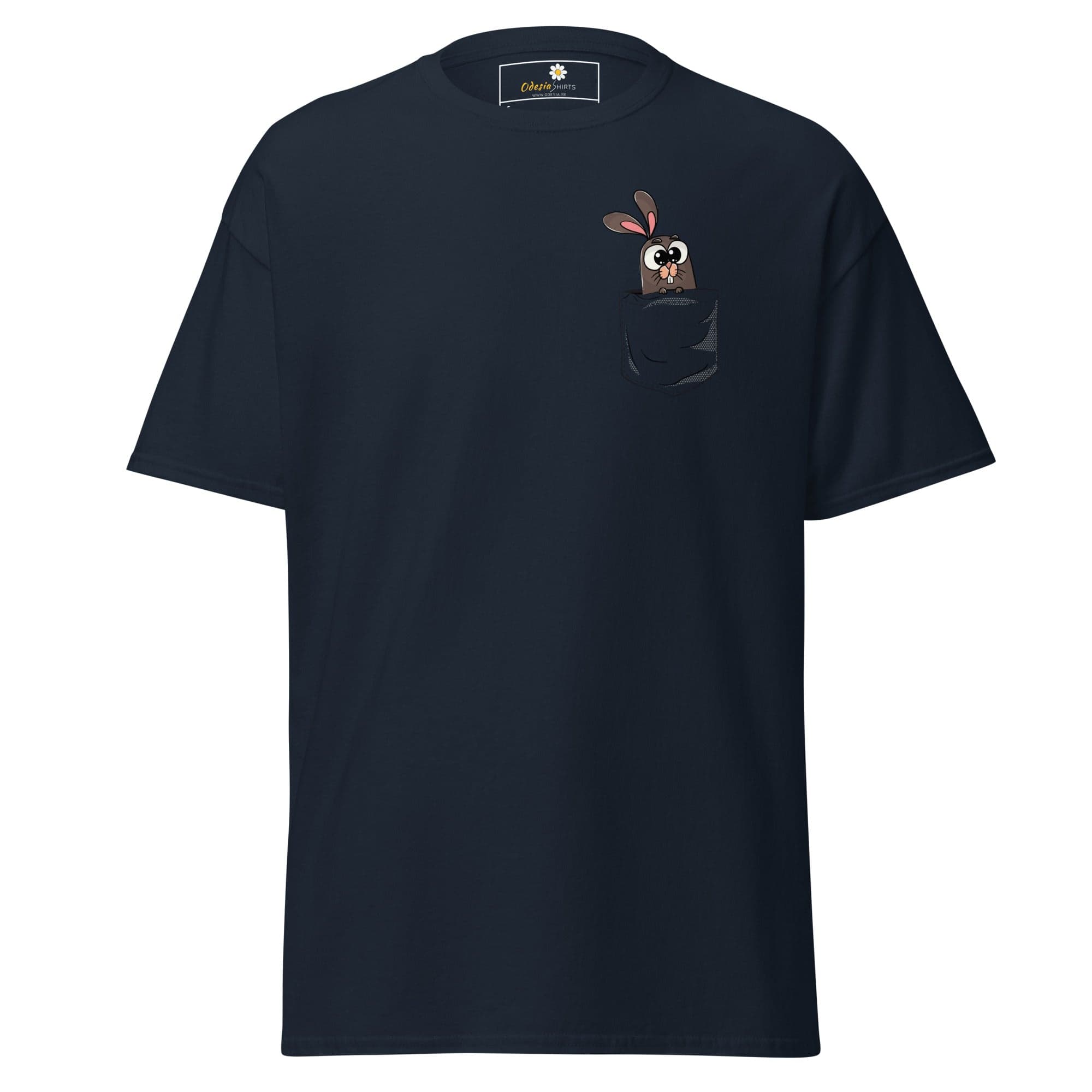 Navy blue T-shirt with cartoon bunny in pocket for men and women, available in size S to XL