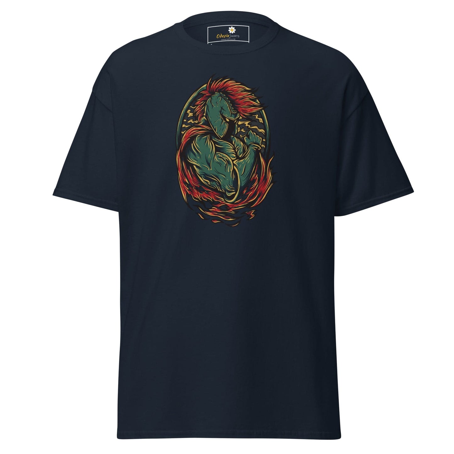 Navy blue T-shirt with graphic design for men and women, available in sizes S to XL