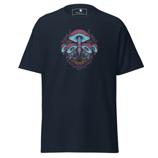 Navy blue T-shirt with mushroom graphic for Men and Women in sizes S to XL