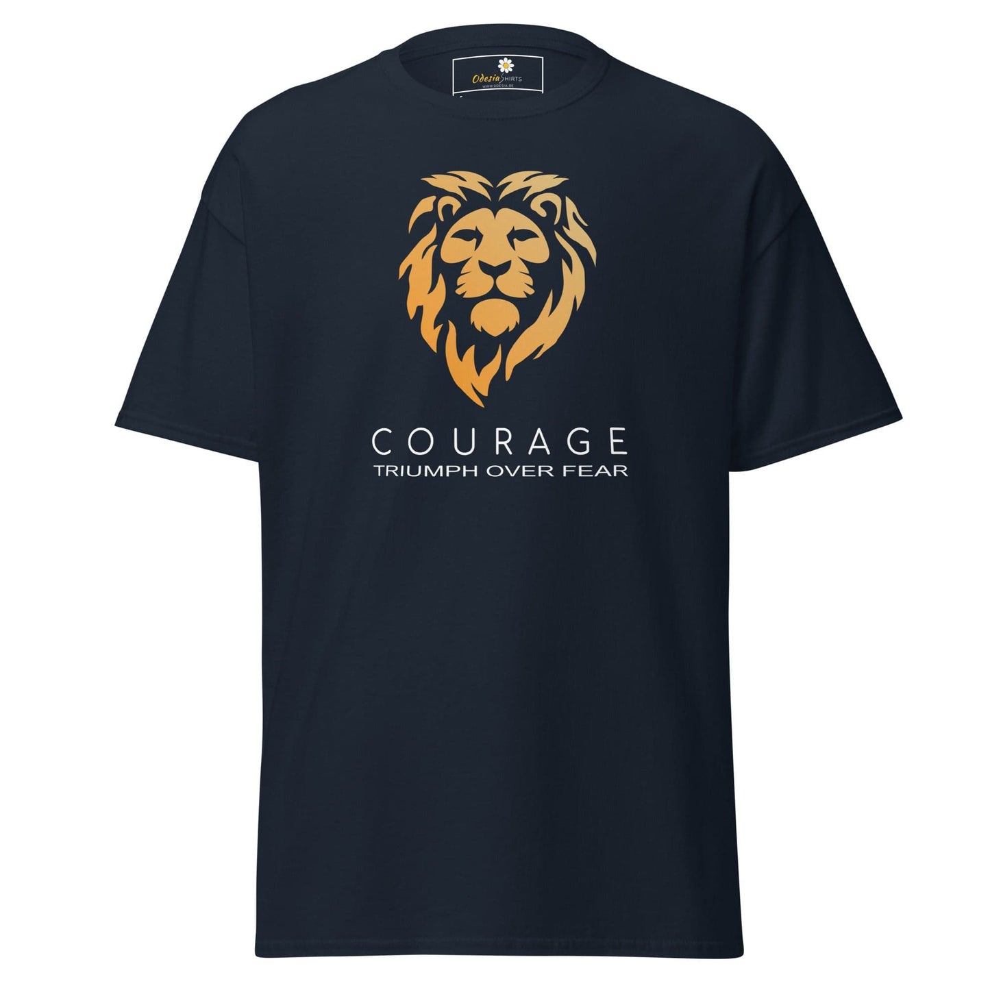 Navy T-shirt featuring a lion graphic from T-SHIRT DESIGN TEE for Men and Women