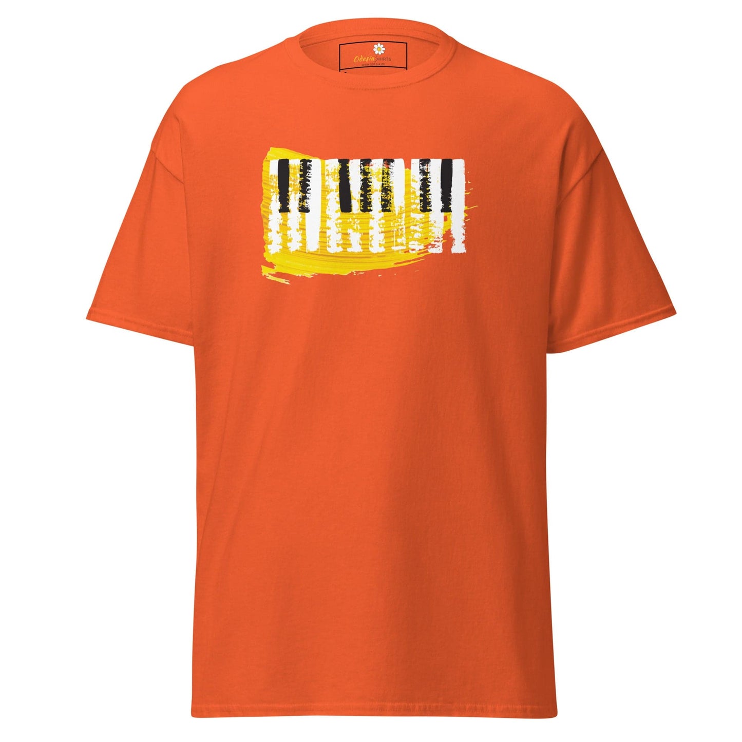 Orange T-shirt with piano keys design for men and women in sizes S to XL