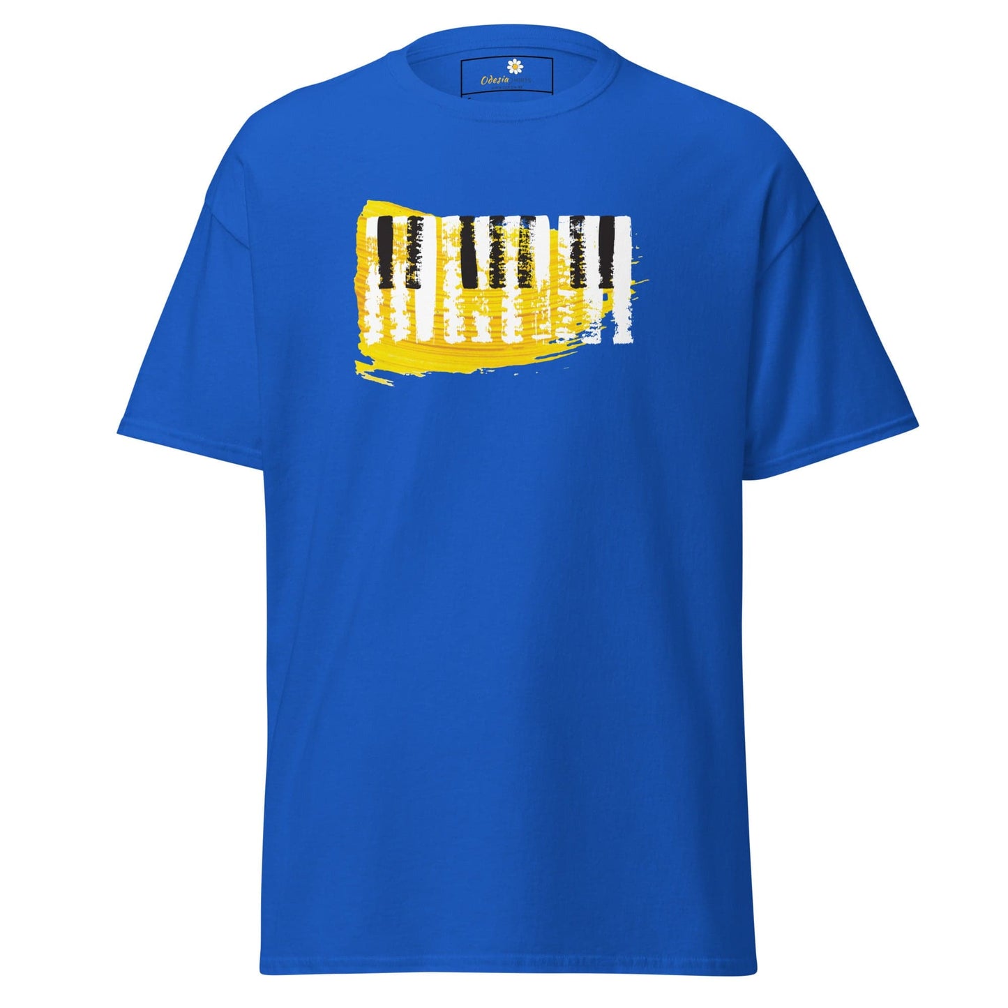 Blue T-shirt with piano keys graphic for men and women, available in sizes S to XL