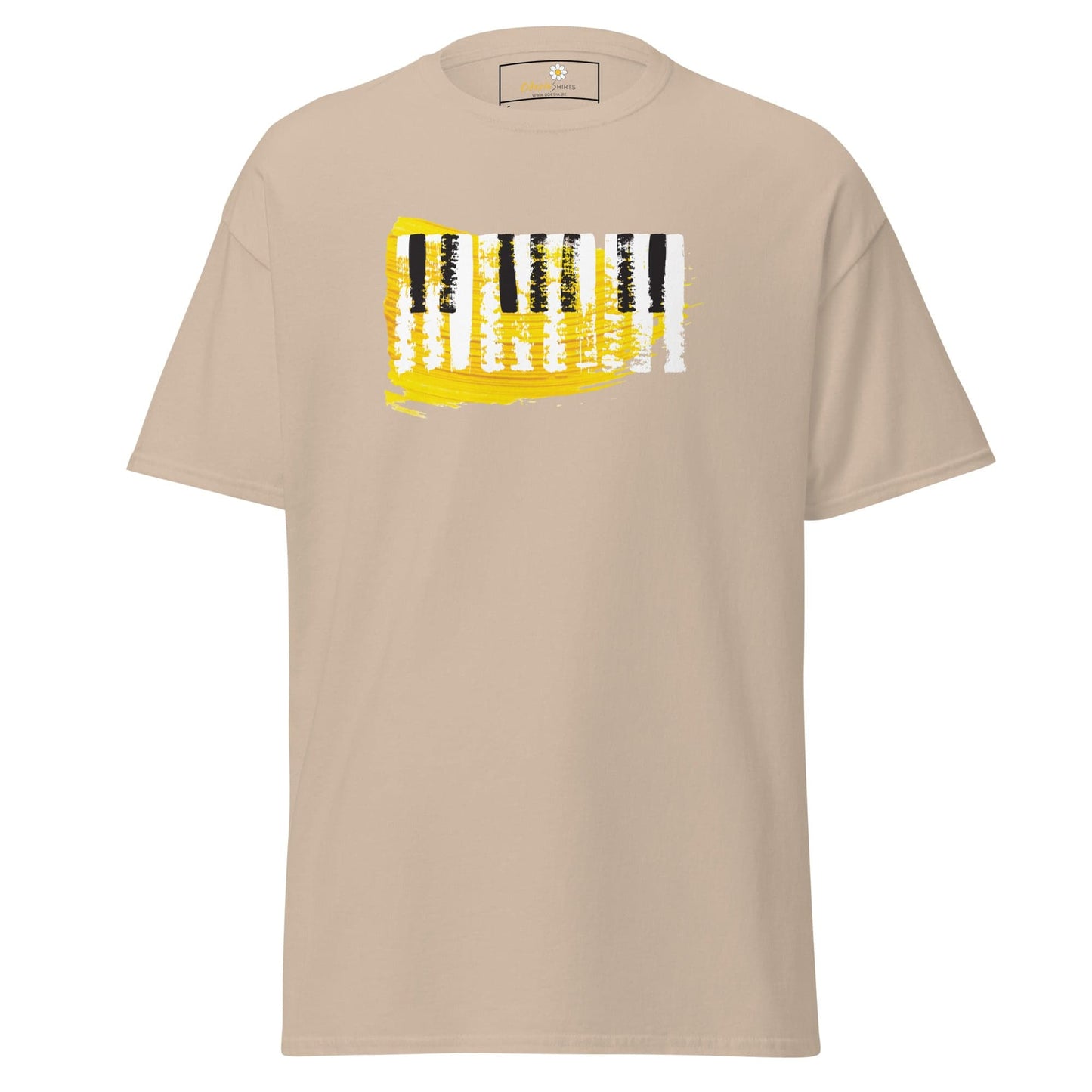 Beige T-shirt with piano key design for men and women available in size S to XL