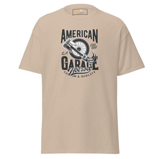 Beige T-shirt with garage-themed graphic for Men and Women in sizes S to XL