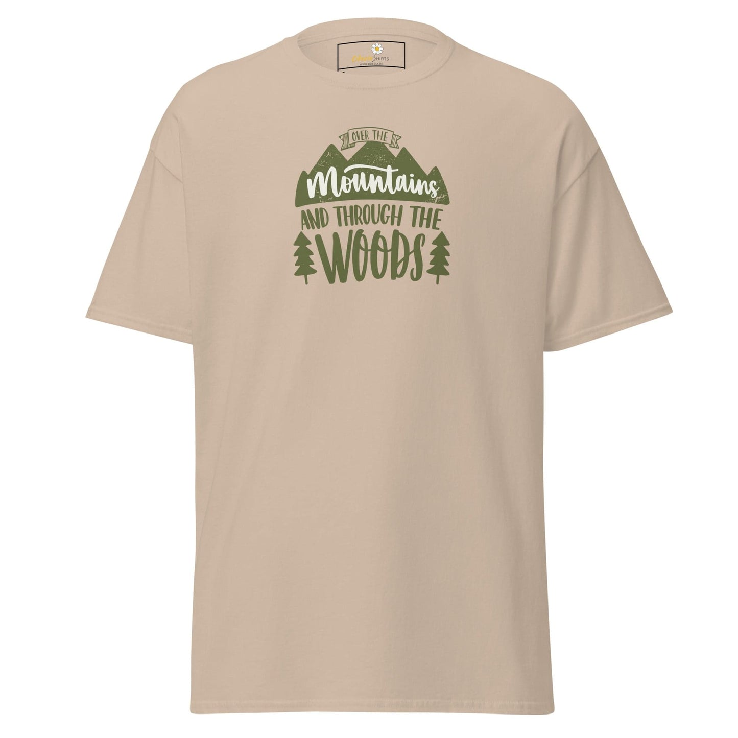 Beige T-shirt with mountain graphic, suitable for Men and Women, available in sizes S to XL