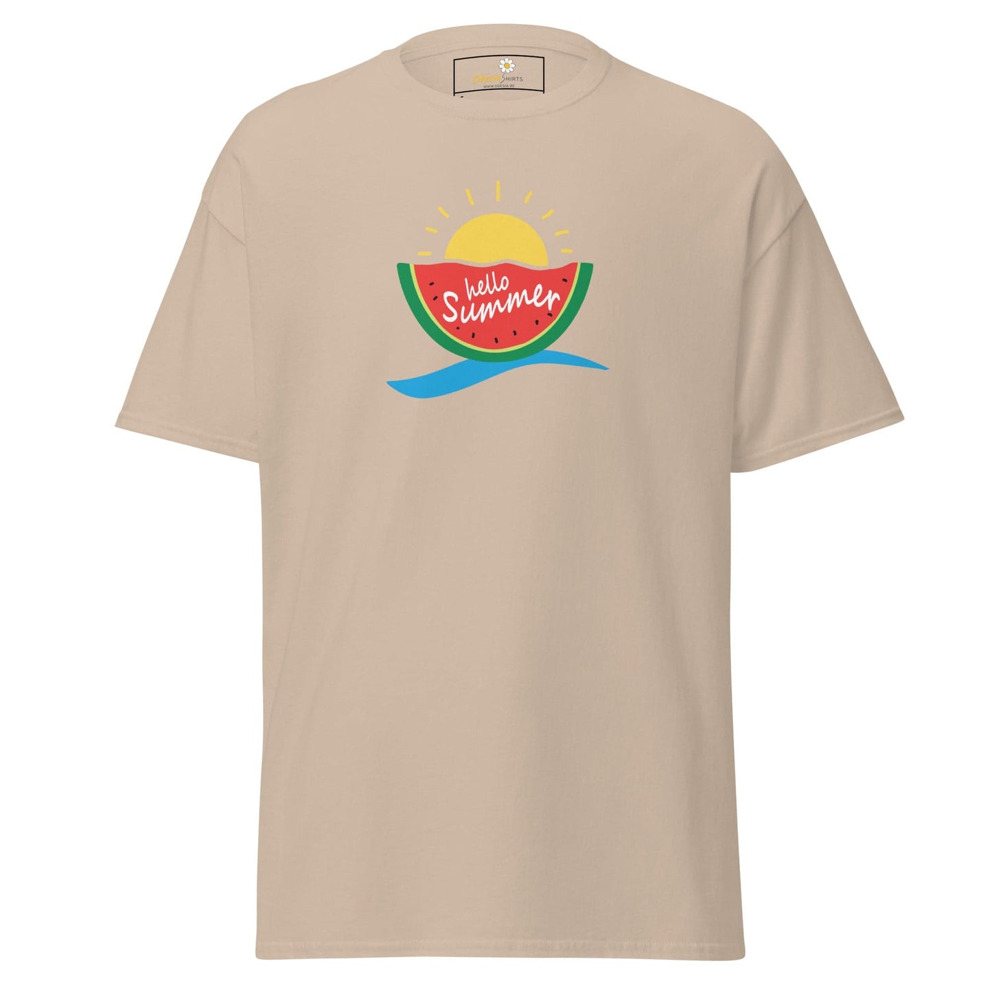 Beige T-shirt with summer graphic for men and women, available in sizes S to XL