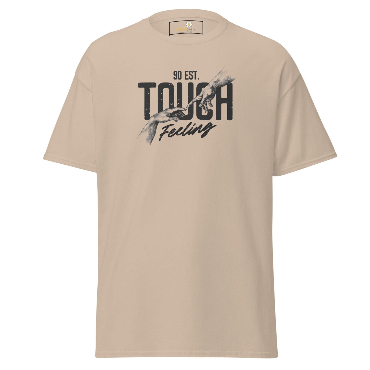 Beige T-shirt with graphic design for men and women available in sizes S to XL