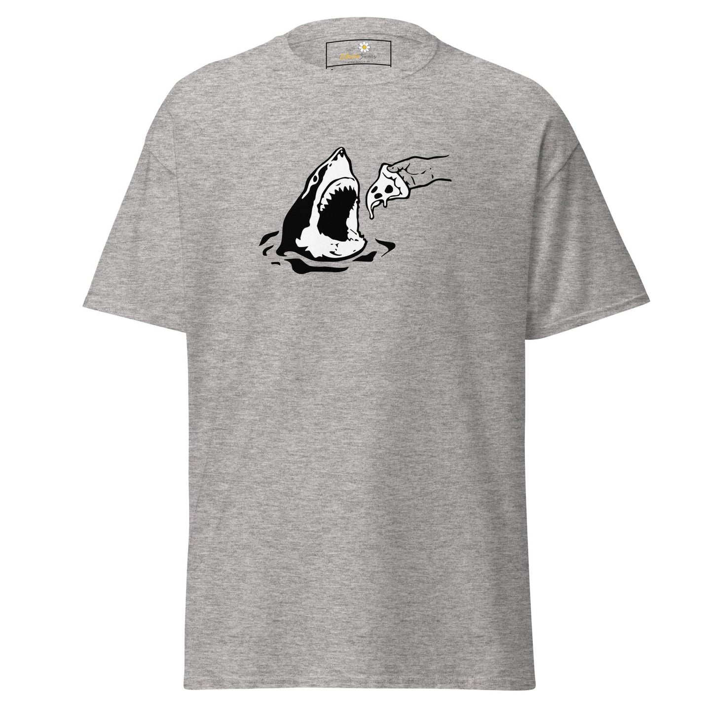 Gray T-Shirt with Shark and Pizza Graphic for Men and Women in Sizes S to XL