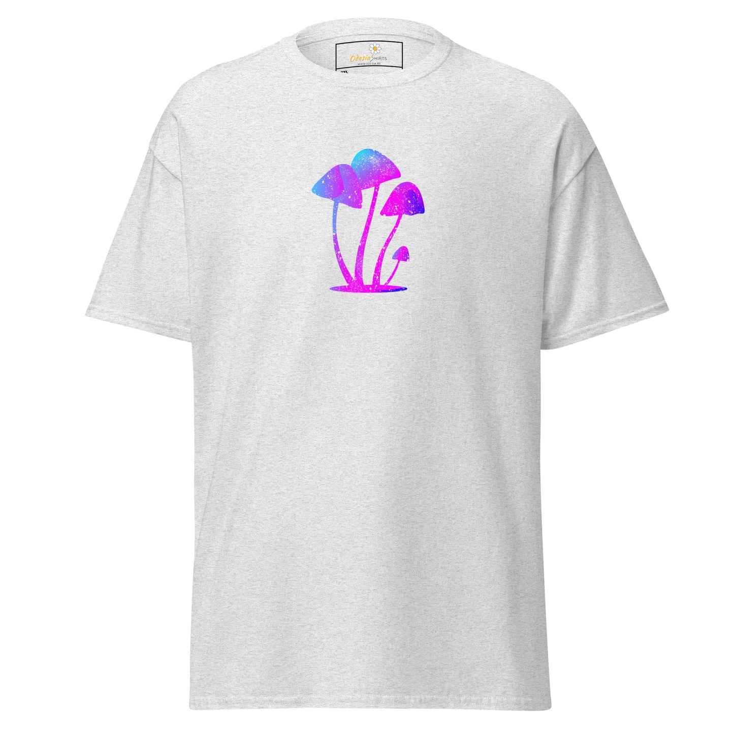 White t-shirt with mushroom design.