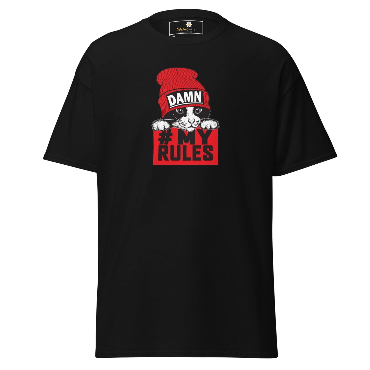 Black t-shirt with cat graphic.