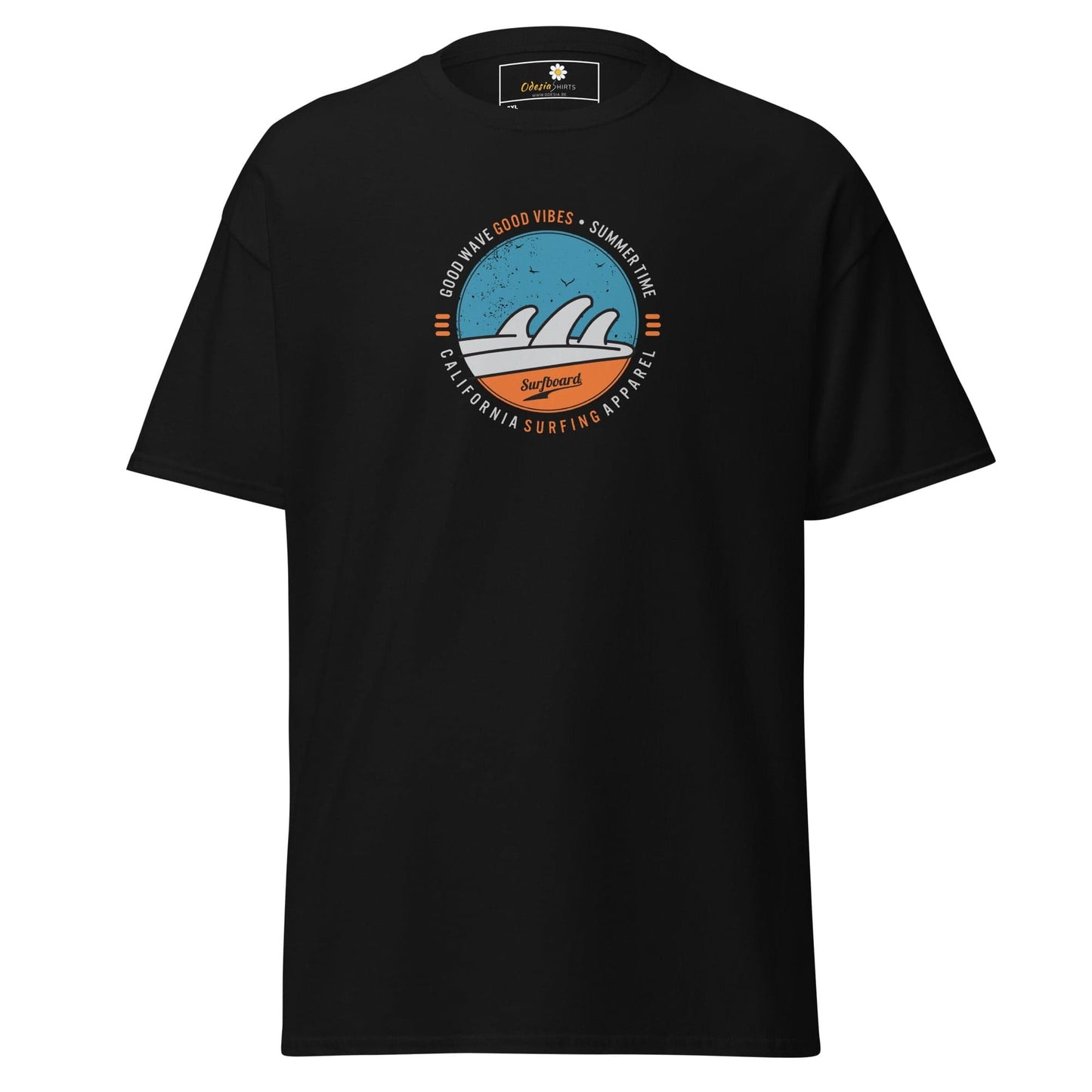 Black graphic t-shirt.