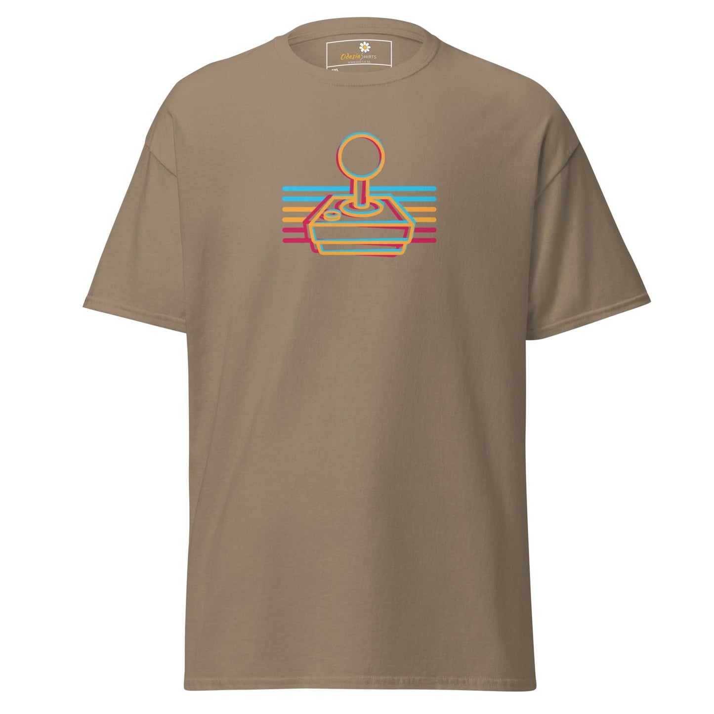 Khaki t-shirt with retro joystick design.