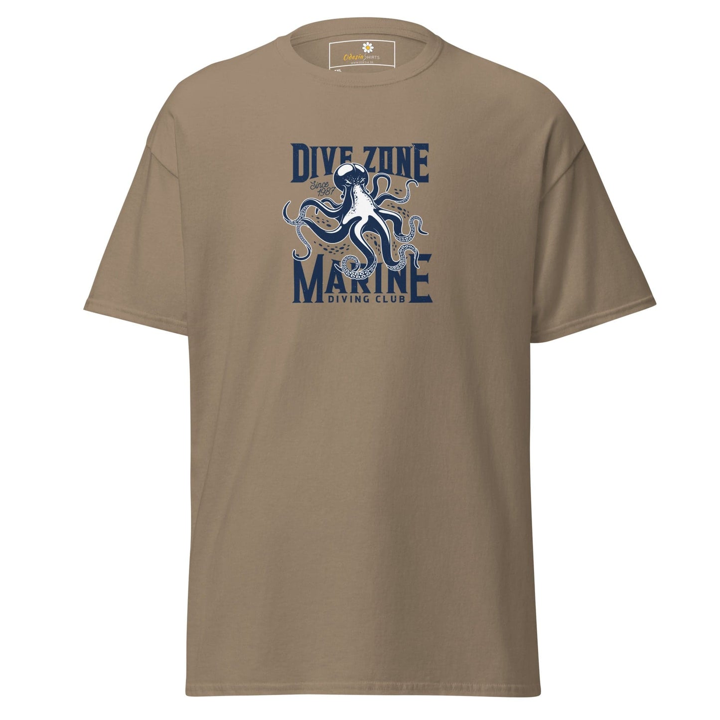 Khaki t-shirt with octopus graphic.