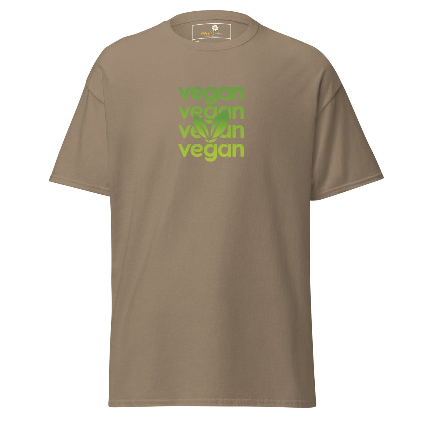 Khaki T-shirt with vegan text from T-SHIRT DESIGN TEE for Men and Women in 2XL to 5XL