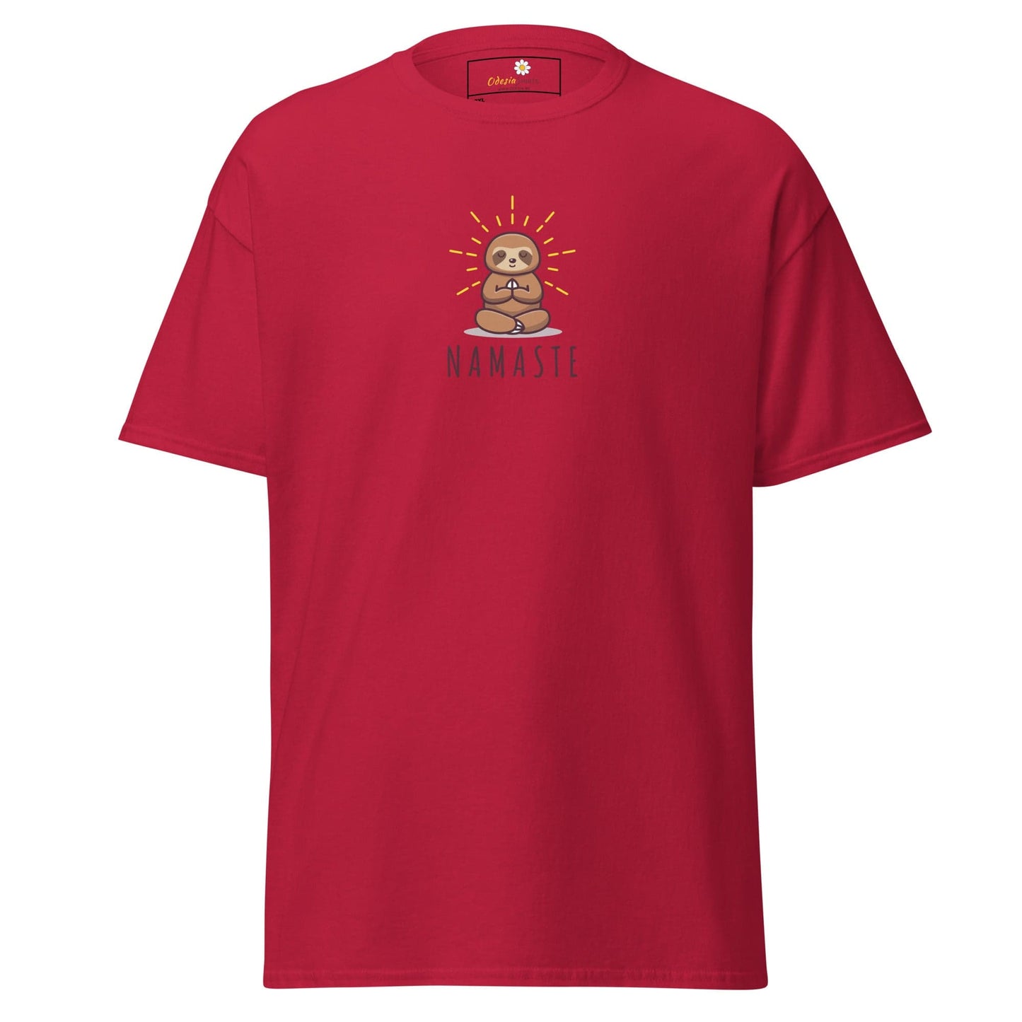 Red t-shirt with sloth design.