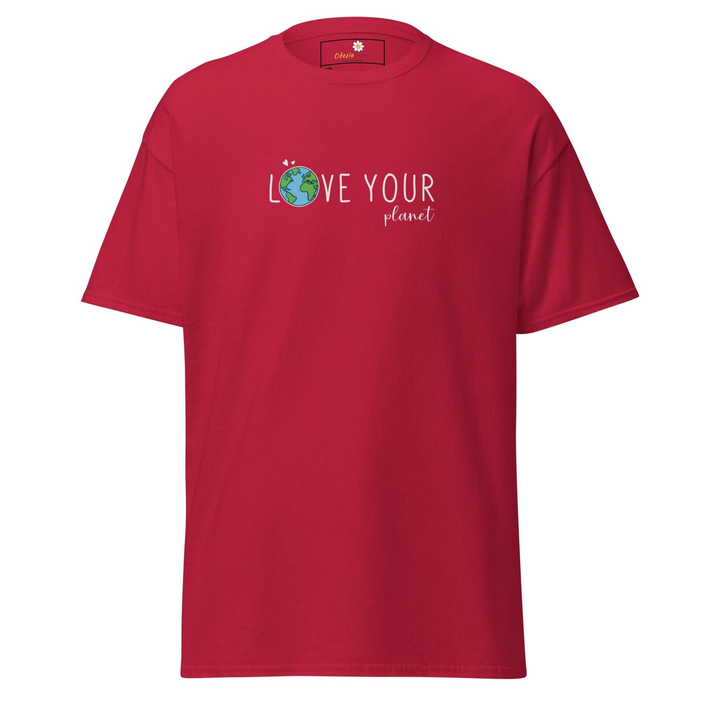 Red t-shirt with ’Love Your Planet’ design.