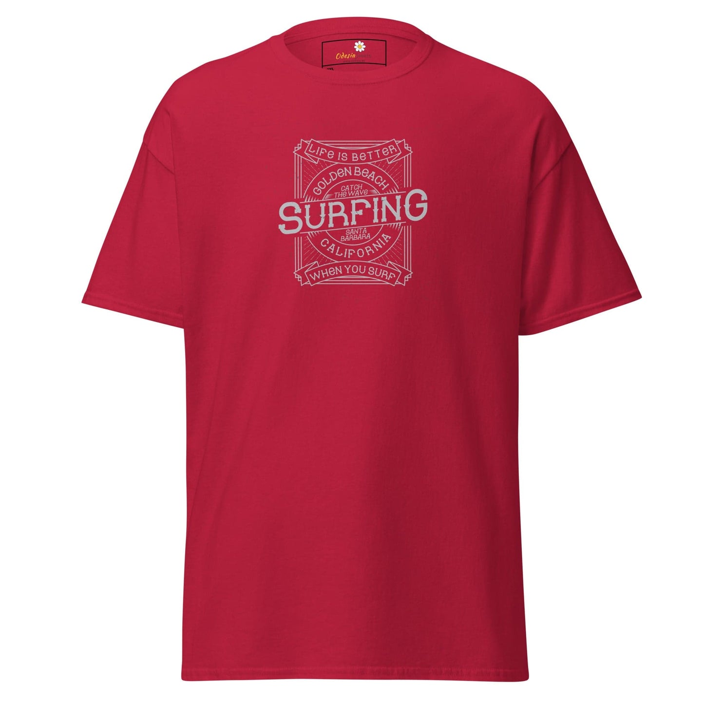 Red T-shirt featuring surfing graphic from T-SHIRT DESIGN TEE for Men and Women