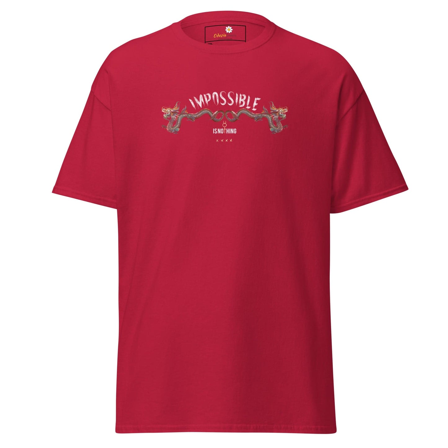 Red t-shirt with graphic.