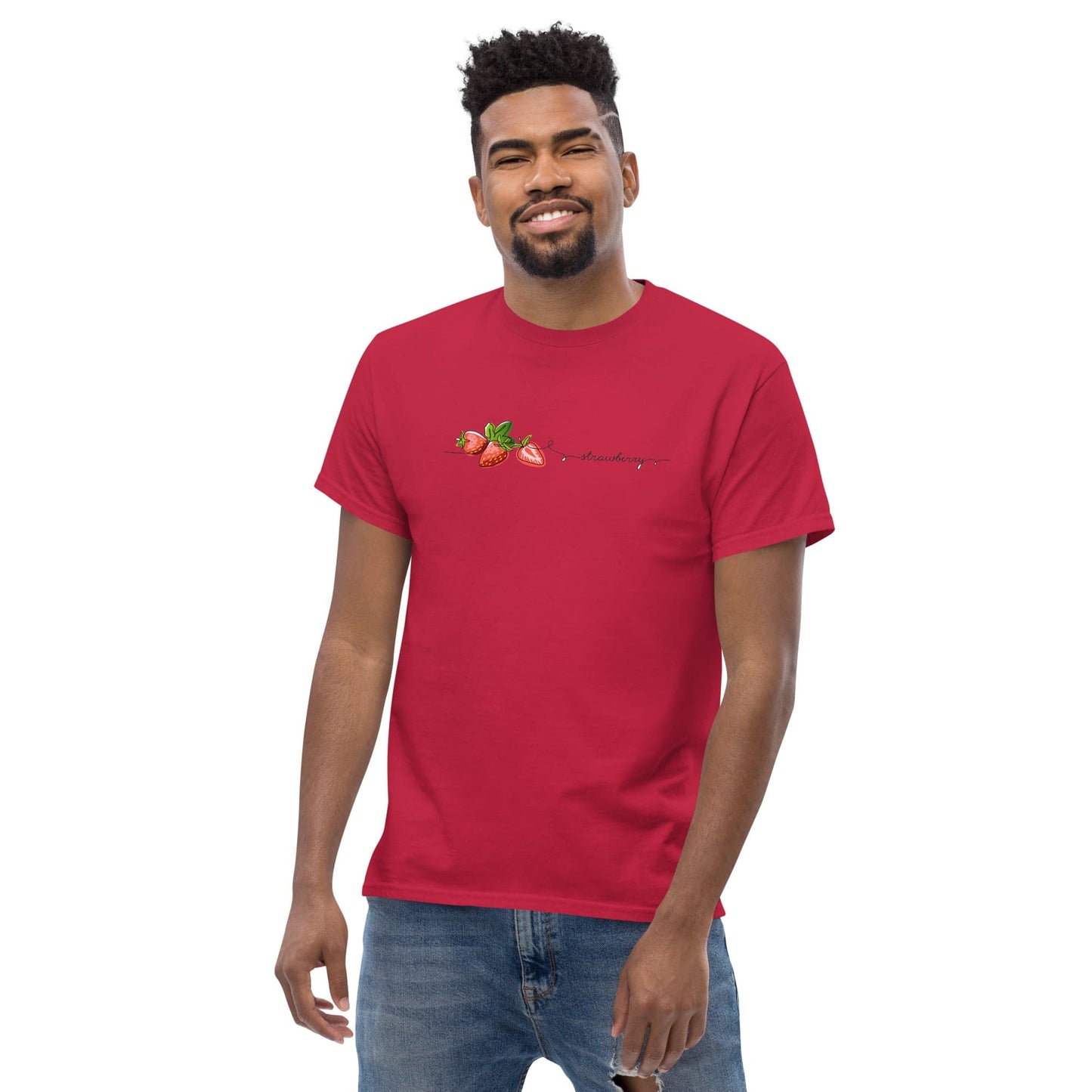 Red t-shirt with strawberry design.