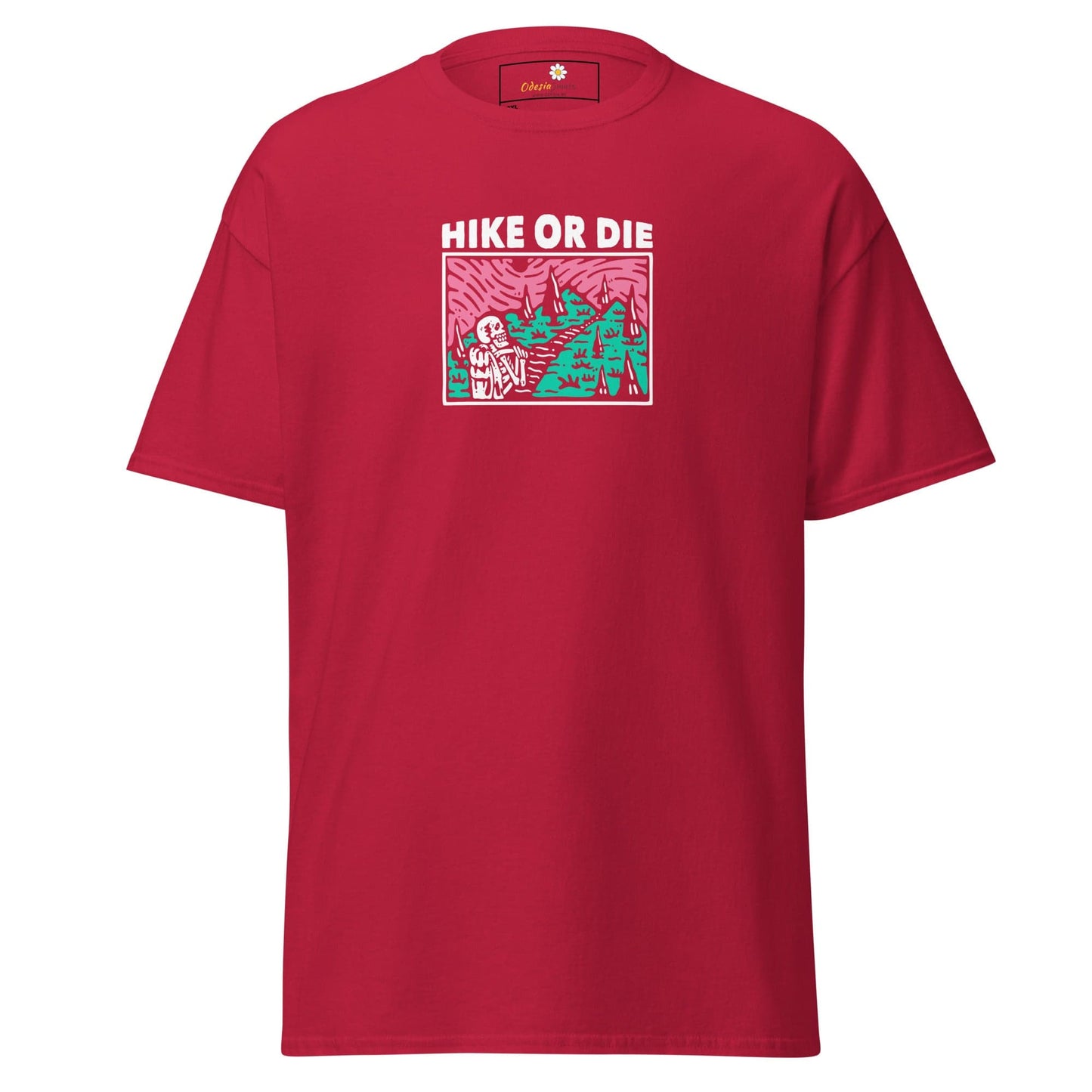 Red t-shirt with ’Hike or Die’ graphic.