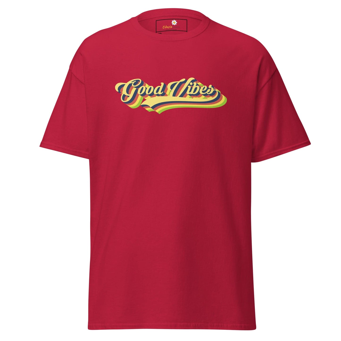 Red t-shirt with ’Good Vibes’ text.