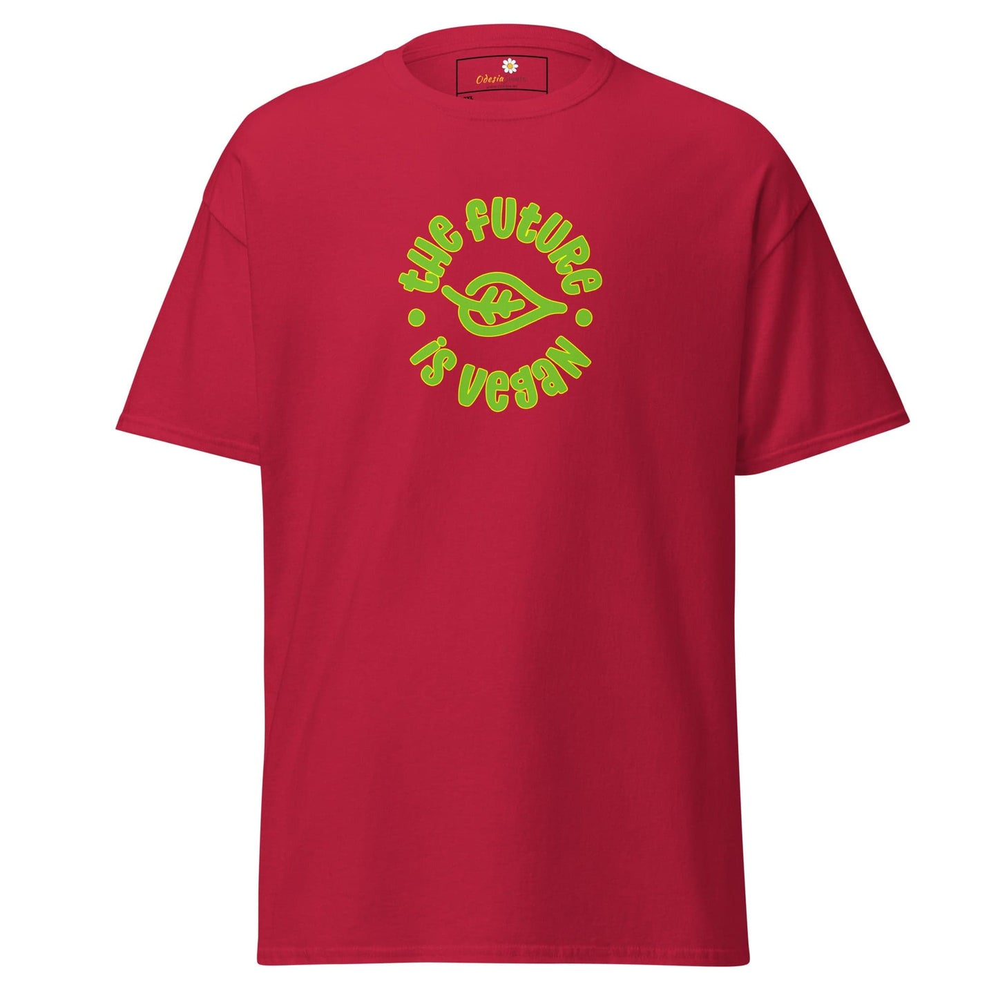 Red t-shirt with vegan message.