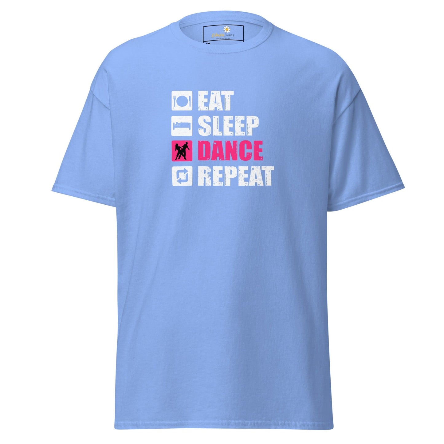Light blue t-shirt with ’Eat Sleep Dance Repeat’ graphic.