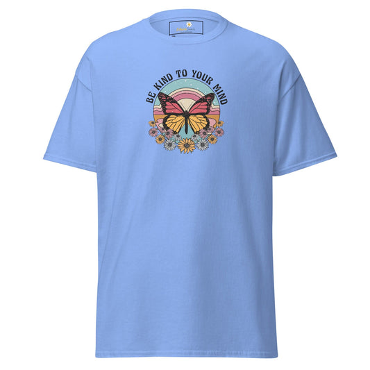 Light blue t-shirt with butterfly graphic.