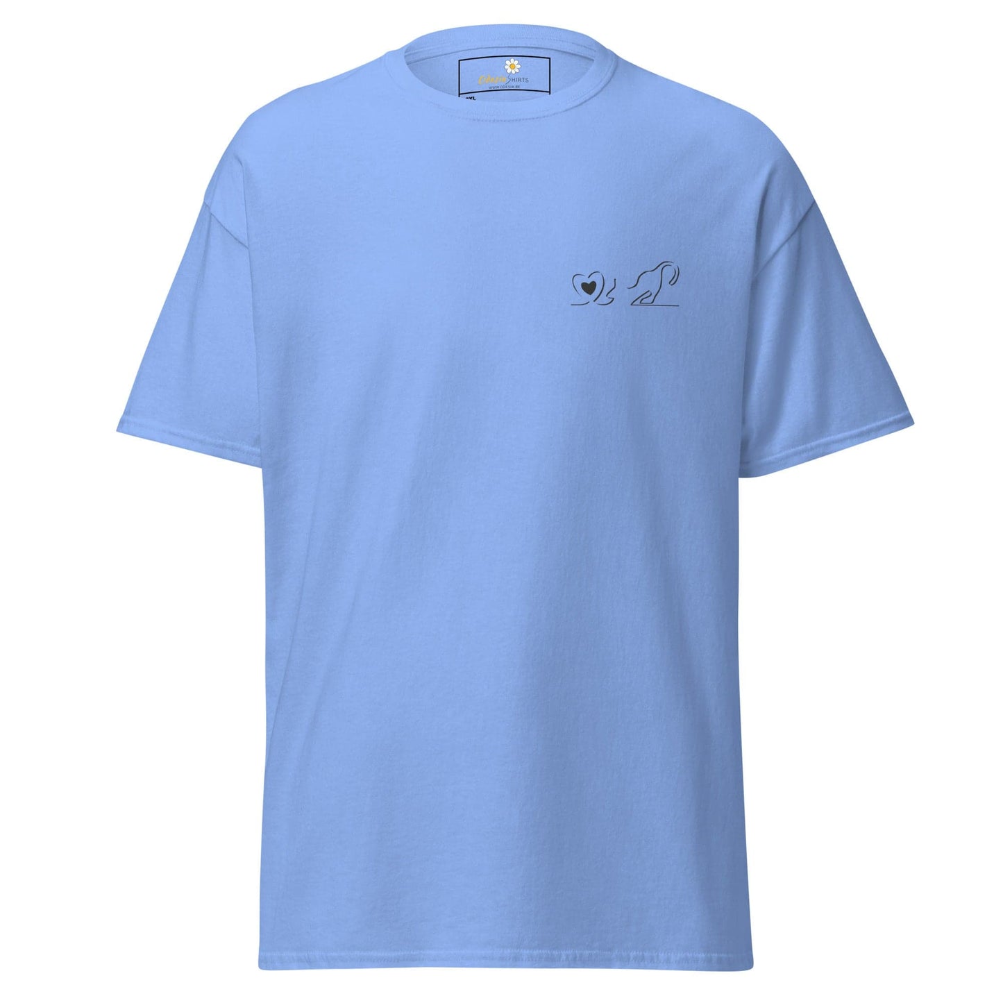 Light blue T-shirt with dog design, available in men’s and women’s sizes 2XL to 5XL