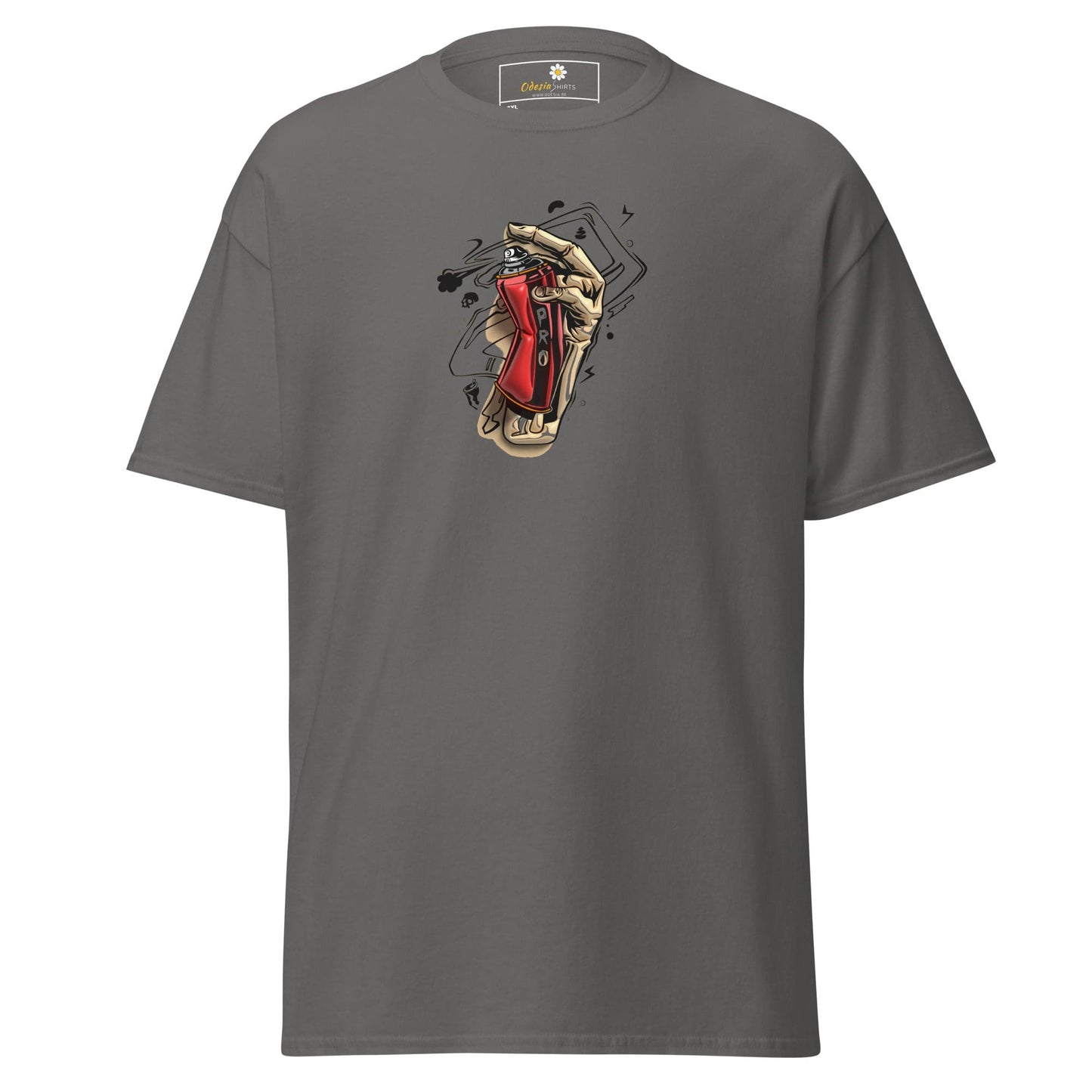 Gray t-shirt with graphic.