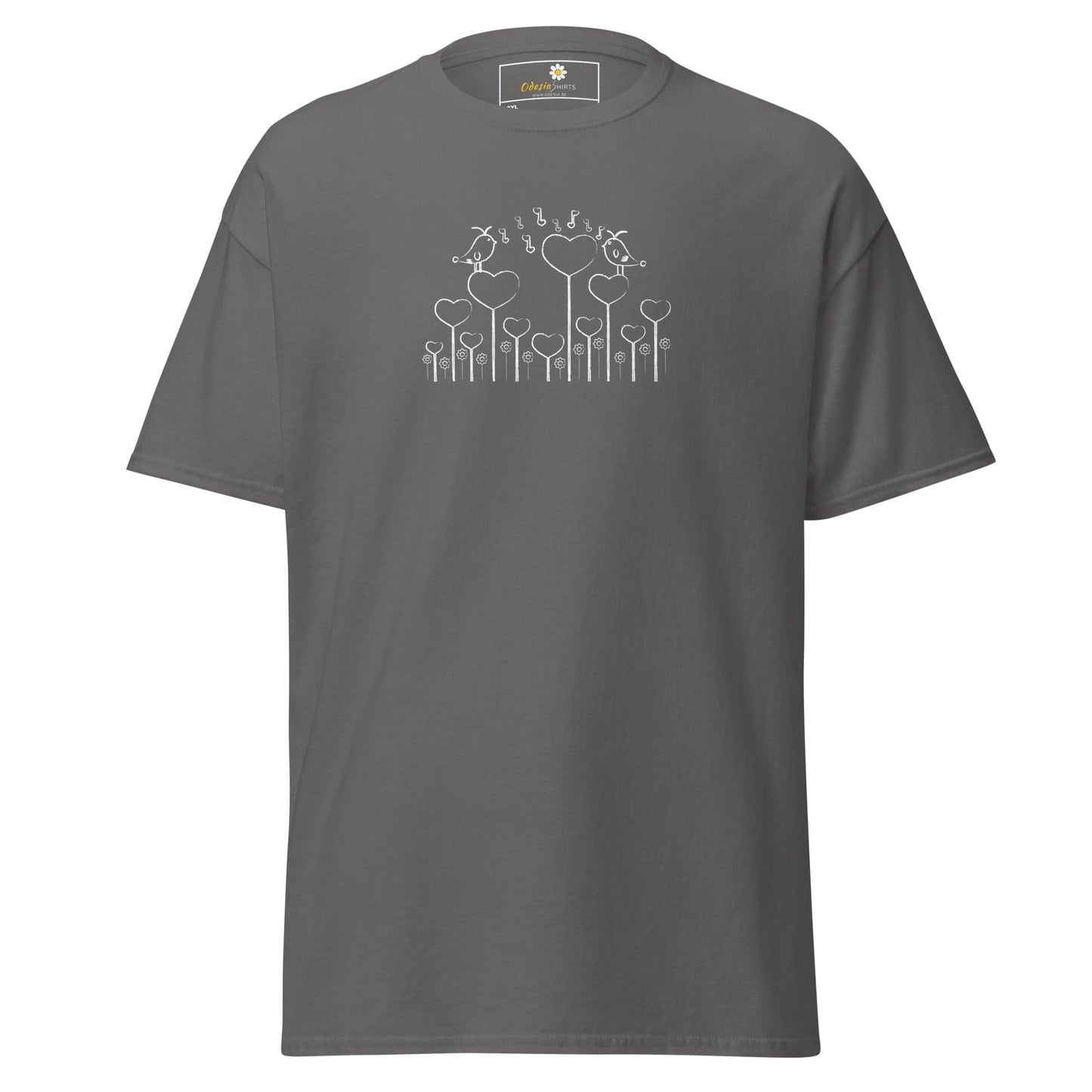 Gray T-shirt with heart and bird design for Men and Women in 2XL to 5XL sizes
